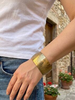 Vintage Brass Floral Etched Wide Cuff Bracelet For Women